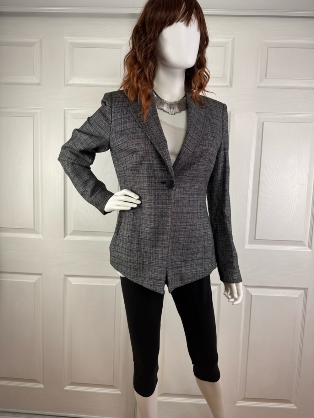 Anne Klein Gray Plaid One-Button Tailored Blazer